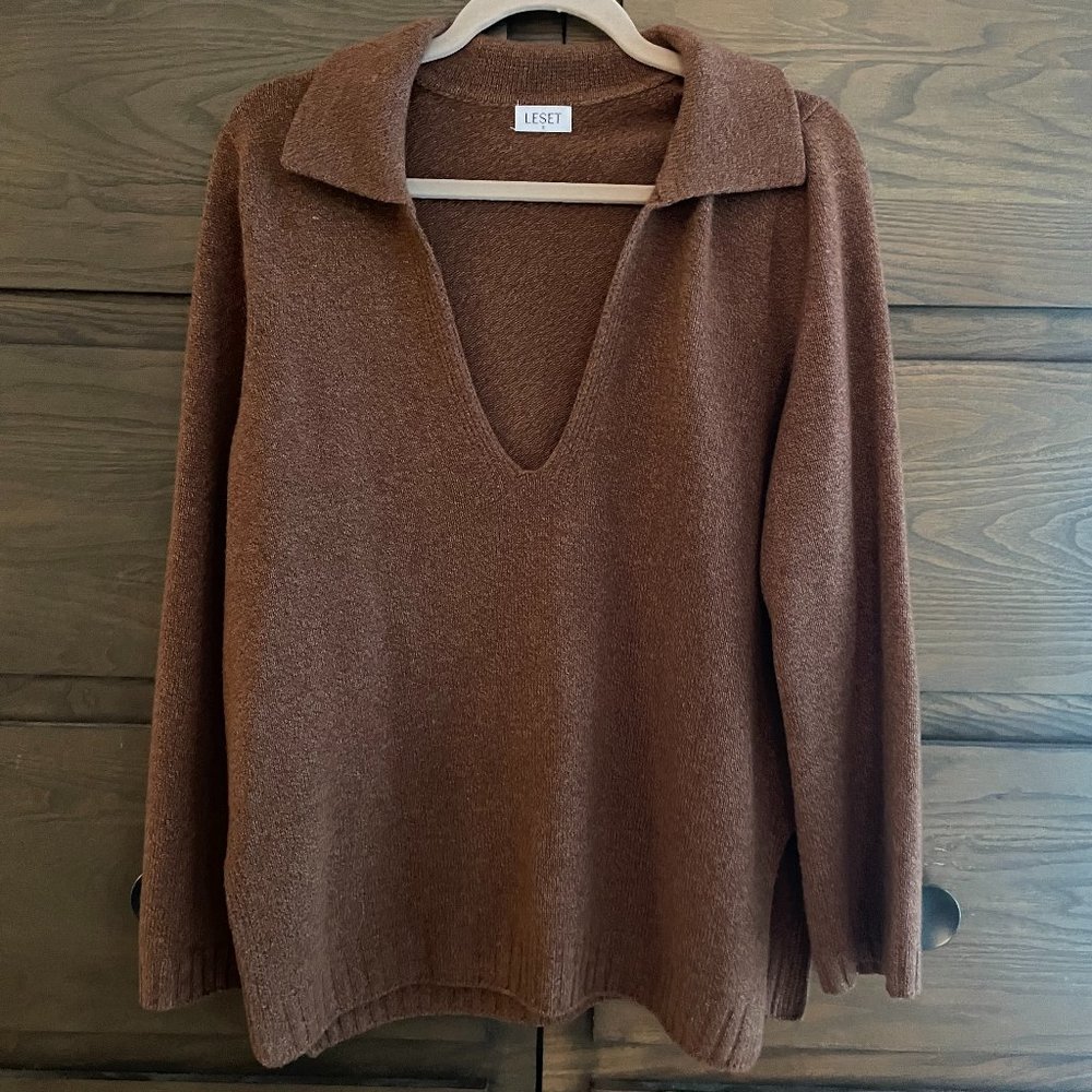 leset - zoe v neck polo sweater in chocolate - size small